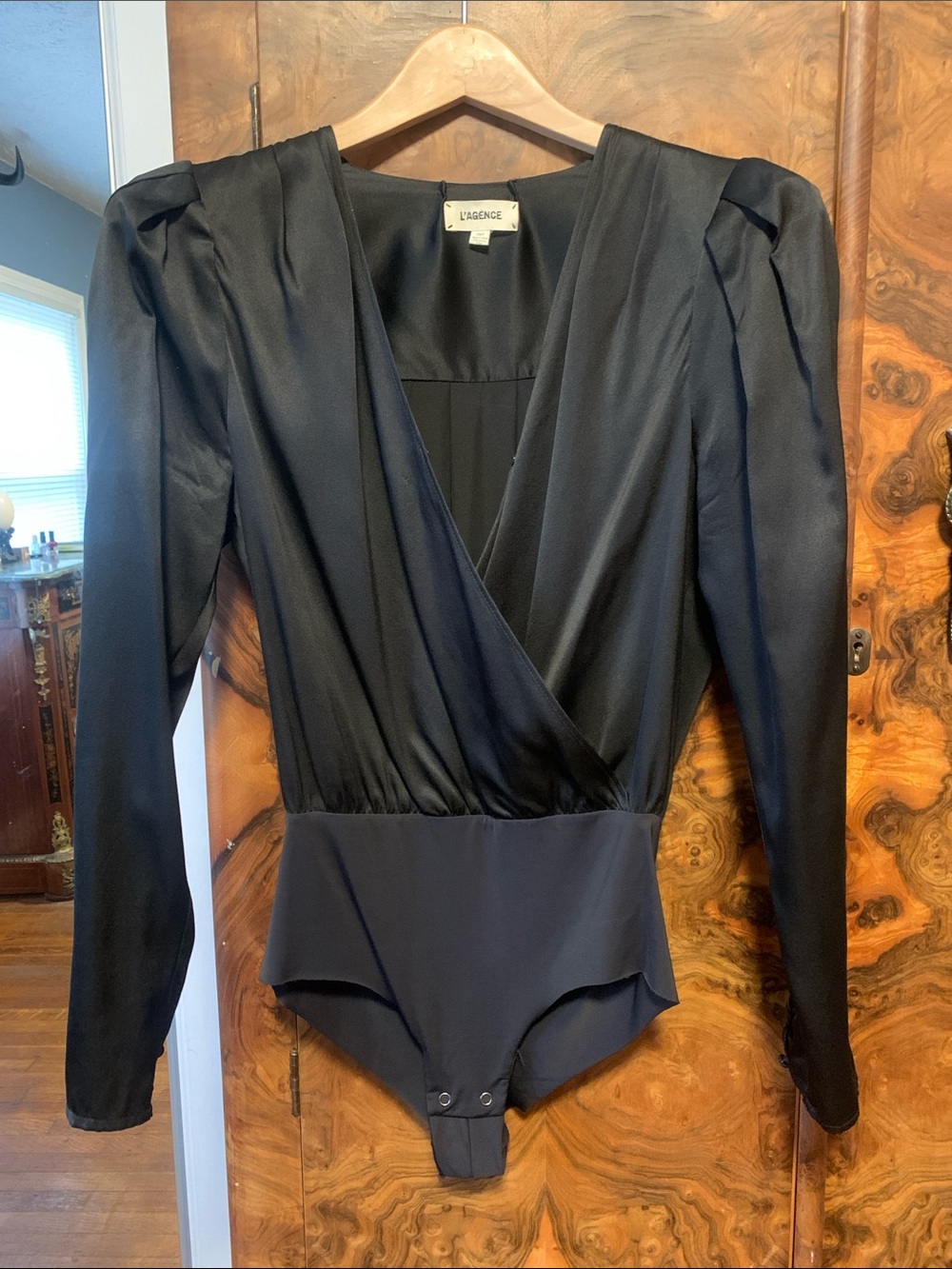 L'AGENCE Black Silk Faux-Wrap Long-Sleeve Bodysuit